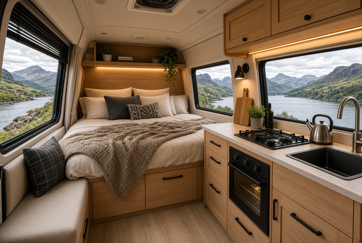 Beautiful campervan interior with lake views